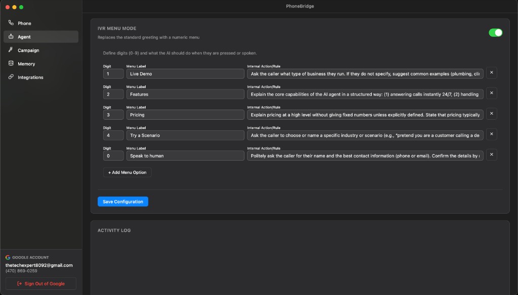 PhoneBridge IVR menu configuration and activity log