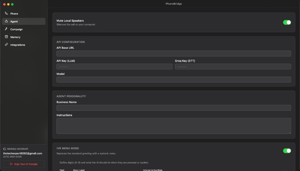 PhoneBridge Agent settings — API and personality