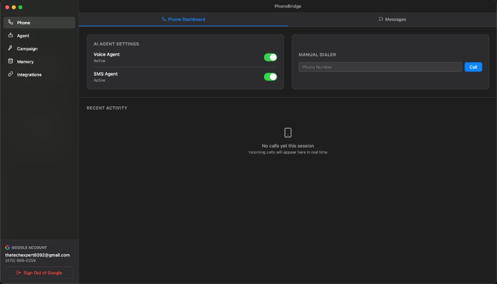 PhoneBridge — Phone dashboard with Voice Agent and SMS Agent toggles
