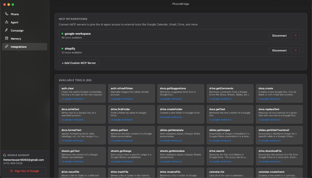 PhoneBridge MCP integrations — Google Workspace, Shopify, and available tools
